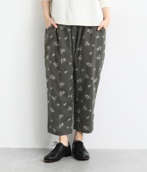 リネン調ポプリンオリーブ柄刺繍istaパンツ(チャコール-F)