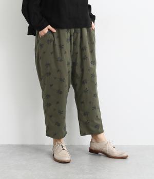 リネン調ポプリンオリーブ柄刺繍istaパンツ(カーキ-F)
