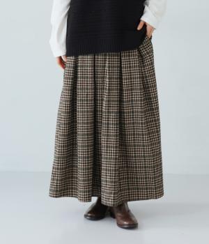 ウール混チェック　タックスカート(ベージュ-F)