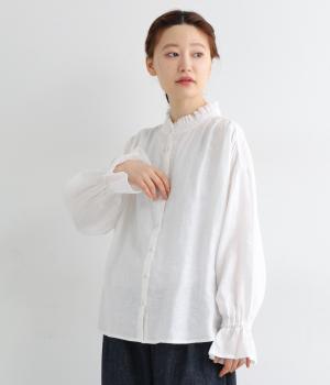 強撚リネン　フリルカラーブラウス(オフホワイト-ONESIZE)