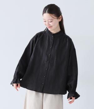 強撚リネン　フリルカラーブラウス(ブラック-ONESIZE)