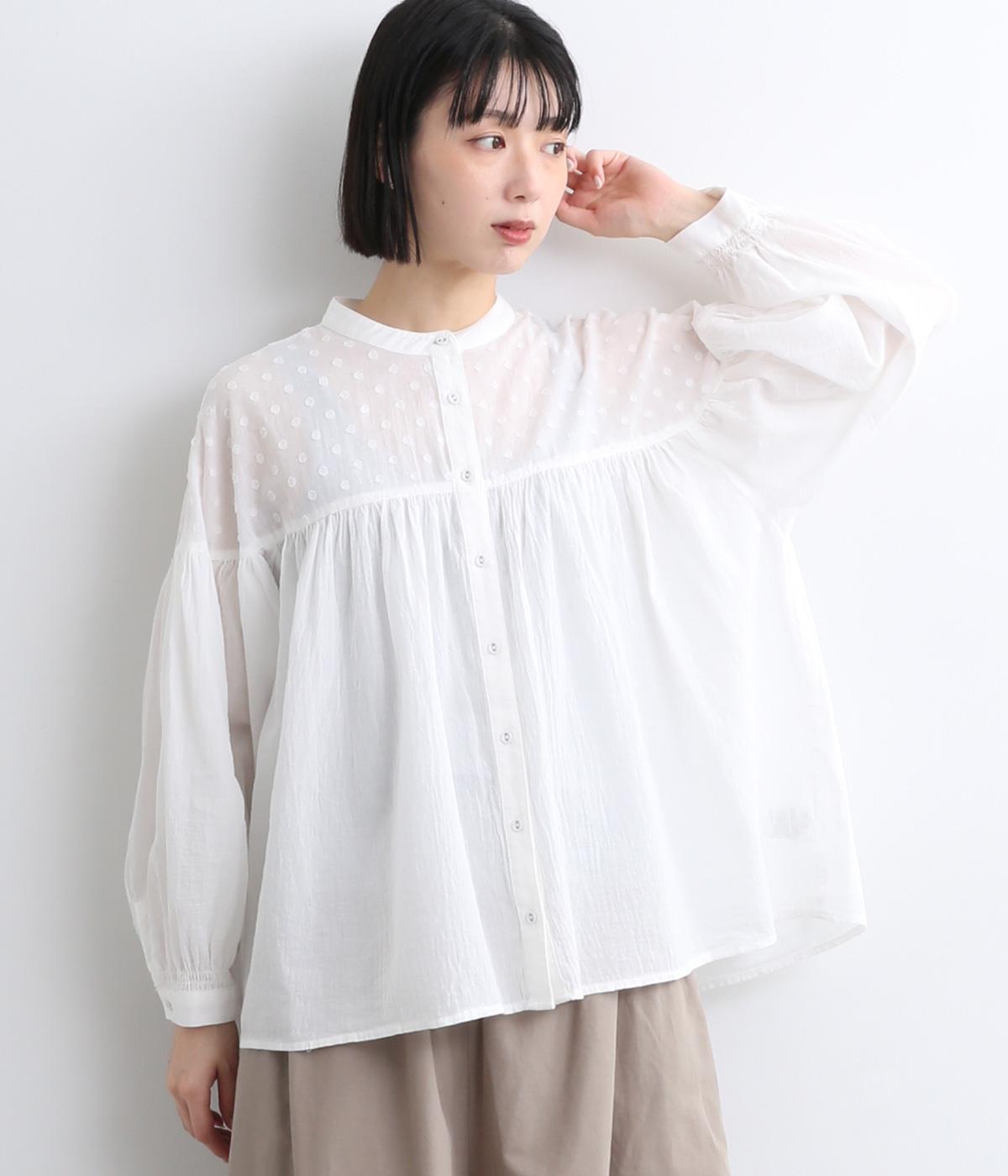 しわコットンローン×ドビードット異素材切替ギャザーブラウス(オフホワイト-ONESIZE)