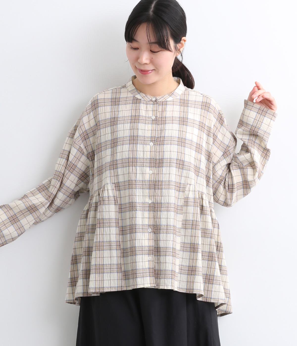 ワッシャーチェック脇フレアブラウス(ナチュラル-ONESIZE)