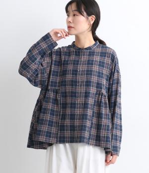ワッシャーチェック脇フレアブラウス(ネイビー-ONESIZE)