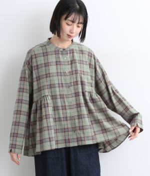 ワッシャーチェック脇フレアブラウス(グリーン-ONESIZE)
