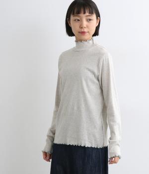 国産オーガニックコットンフライスメローハイネックプルオーバー(グレー×ライトグリーン-F)