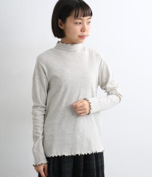 国産オーガニックコットンフライスメローハイネックプルオーバー(グレー×ベージュ-F)