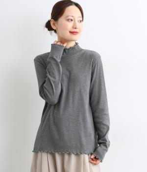 国産オーガニックコットンフライスメローハイネックプルオーバー(チャコール×ライトグリーン-F)