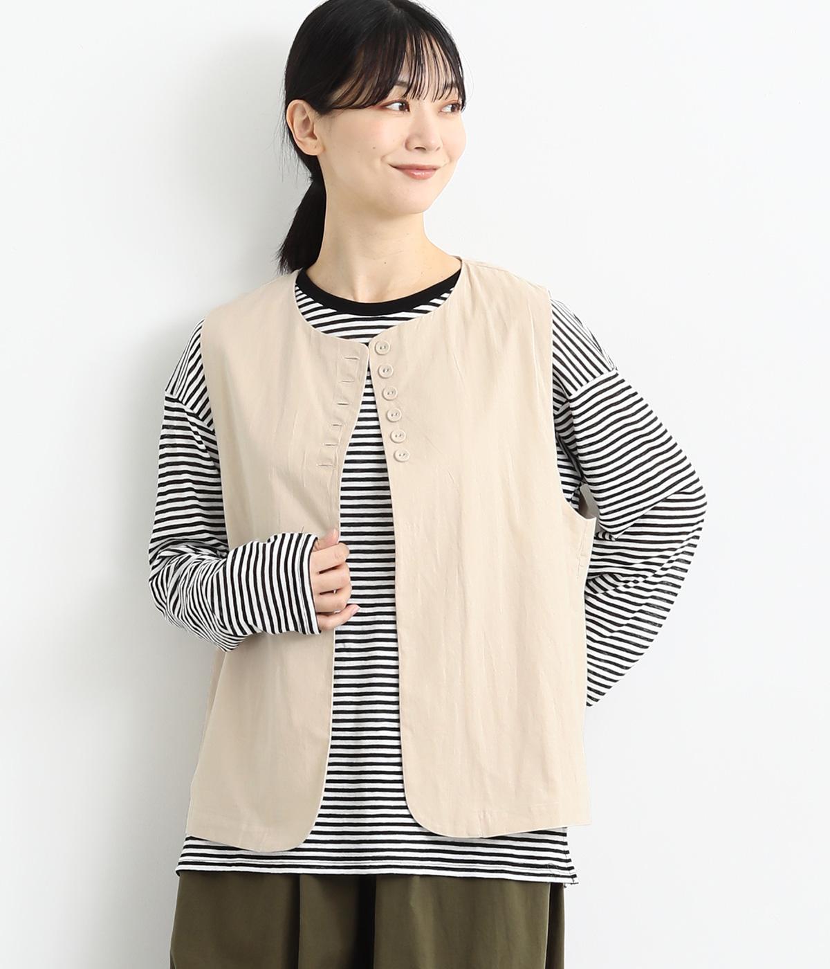 リネン調コットン多釦ベスト(ベージュ-F)