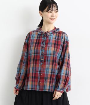 チェック柄フリル襟ブラウス(レッド-F)