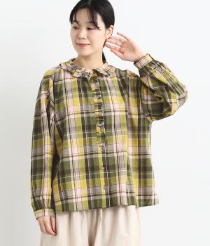 チェック柄フリル襟ブラウス(カーキ-F)