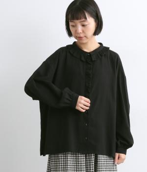 ラミーリネンコットンフリル襟ブラウス(ブラック-F)
