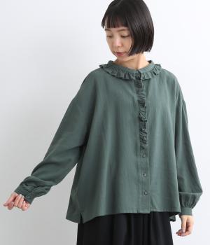 ラミーリネンコットンフリル襟ブラウス(グリーン-F)