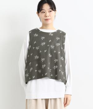 リネン調ポプリンオリーブ柄刺繍2wayベスト(チャコール-F)