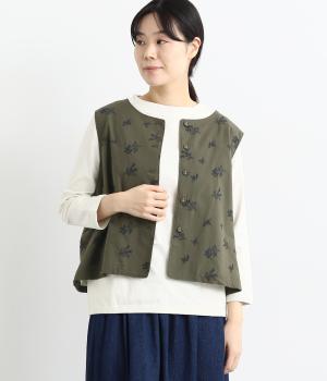 リネン調ポプリンオリーブ柄刺繍2wayベスト(カーキ-F)