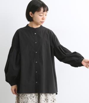 アンティーク調コットン　袖ピンタックブラウス(ブラック-F)