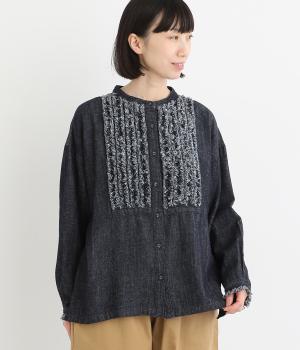 コットンリネン甘撚りデニム　フリンジシャツ(インディゴ-F)