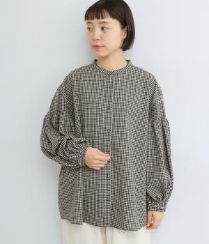 ちびギンガムチェック　袖ピンタックブラウス(ブラック-F)