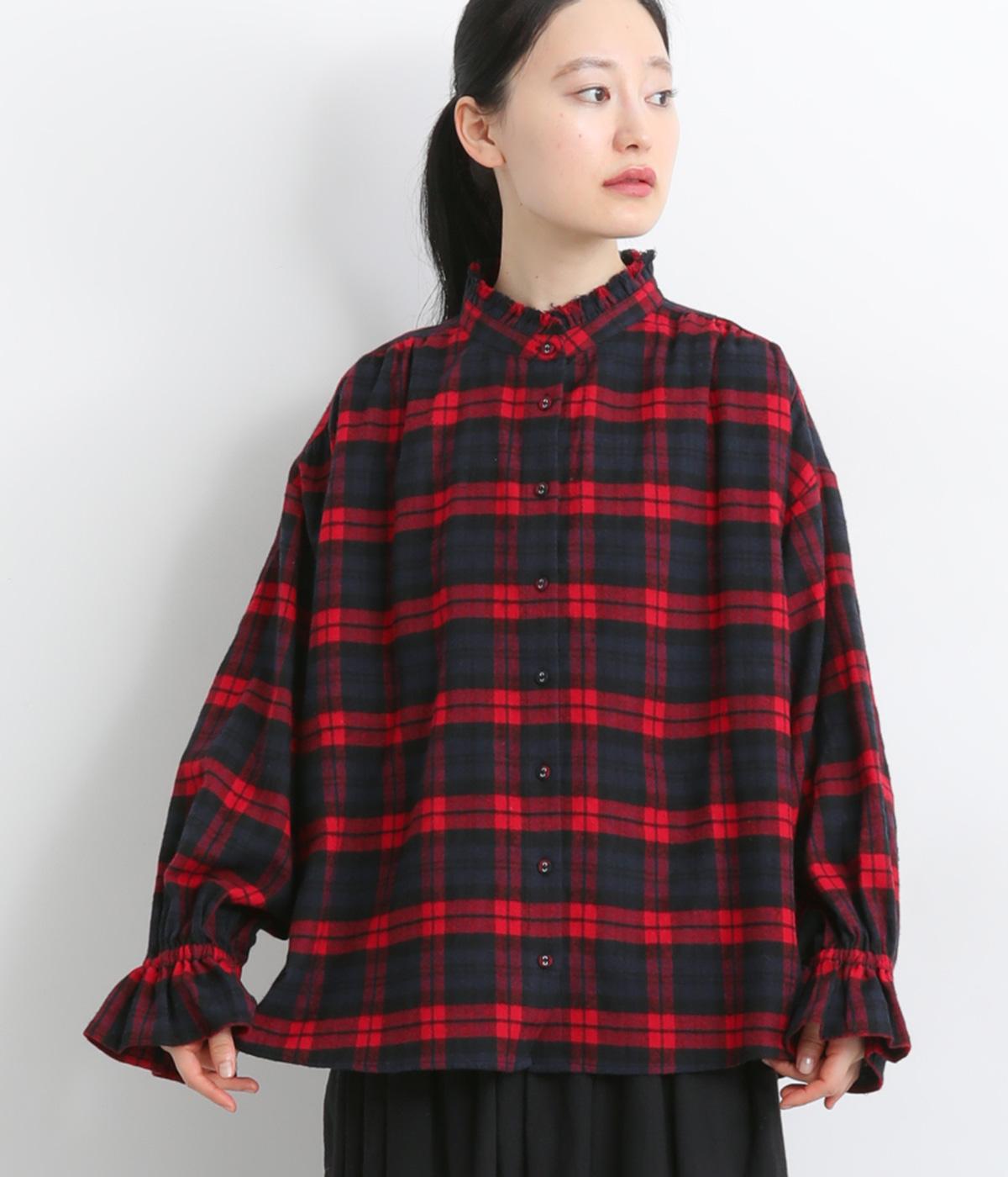 起毛チェック　フリルカラーブラウス(レッド-F)