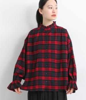 起毛チェック　フリルカラーブラウス(レッド-F)