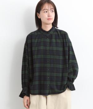 起毛チェック　フリルカラーブラウス(グリーン-F)