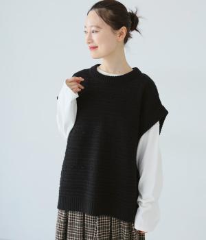 シェットランドウール総柄フレンチベスト(ブラック-F)