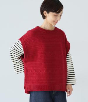 シェットランドウール総柄フレンチベスト(レッド-F)