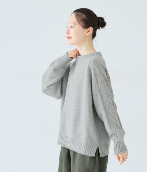 シェットランドウール袖ケーブル柄プルオーバー(グレー-F)