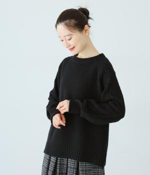 シェットランドウール袖ケーブル柄プルオーバー(ブラック-F)