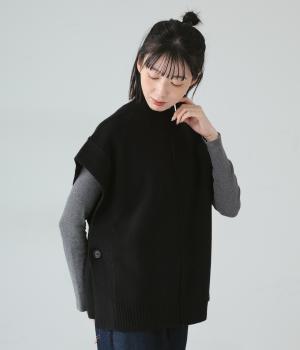 シェットランドウール　サイドオープンハイネックベスト(ブラック-F)