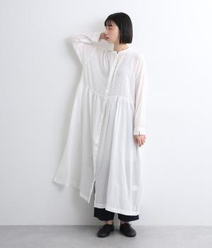 しわコットンローン×ドビードット異素材切替ワンピース(オフホワイト-ONESIZE)