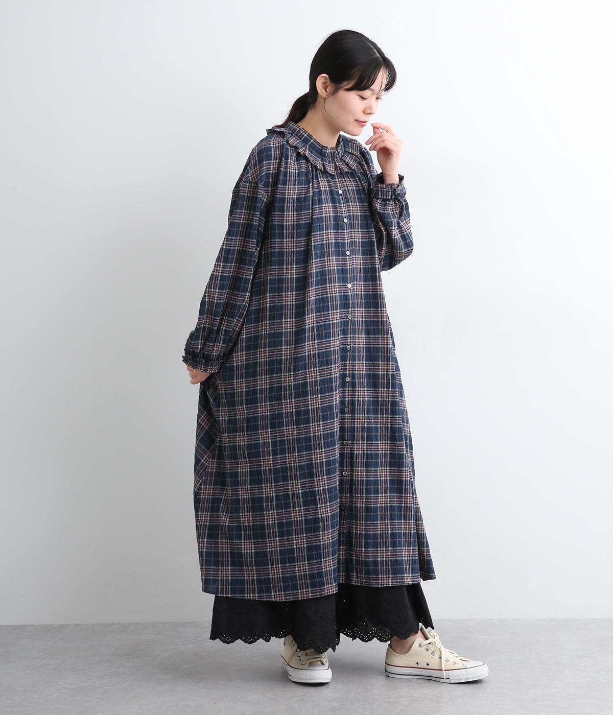 ワッシャーチェックタック襟ワンピース(ネイビー-ONESIZE)