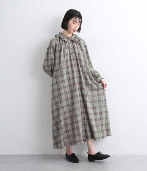 ワッシャーチェックタック襟ワンピース(グリーン-ONESIZE)