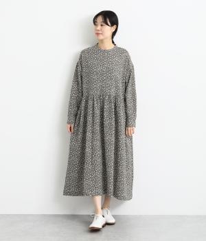 小花柄コットン接結ギャザーワンピース(グレー-F)