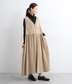 ラミーリネンコットンベストドッキングジャンパースカート(ベージュ-F)