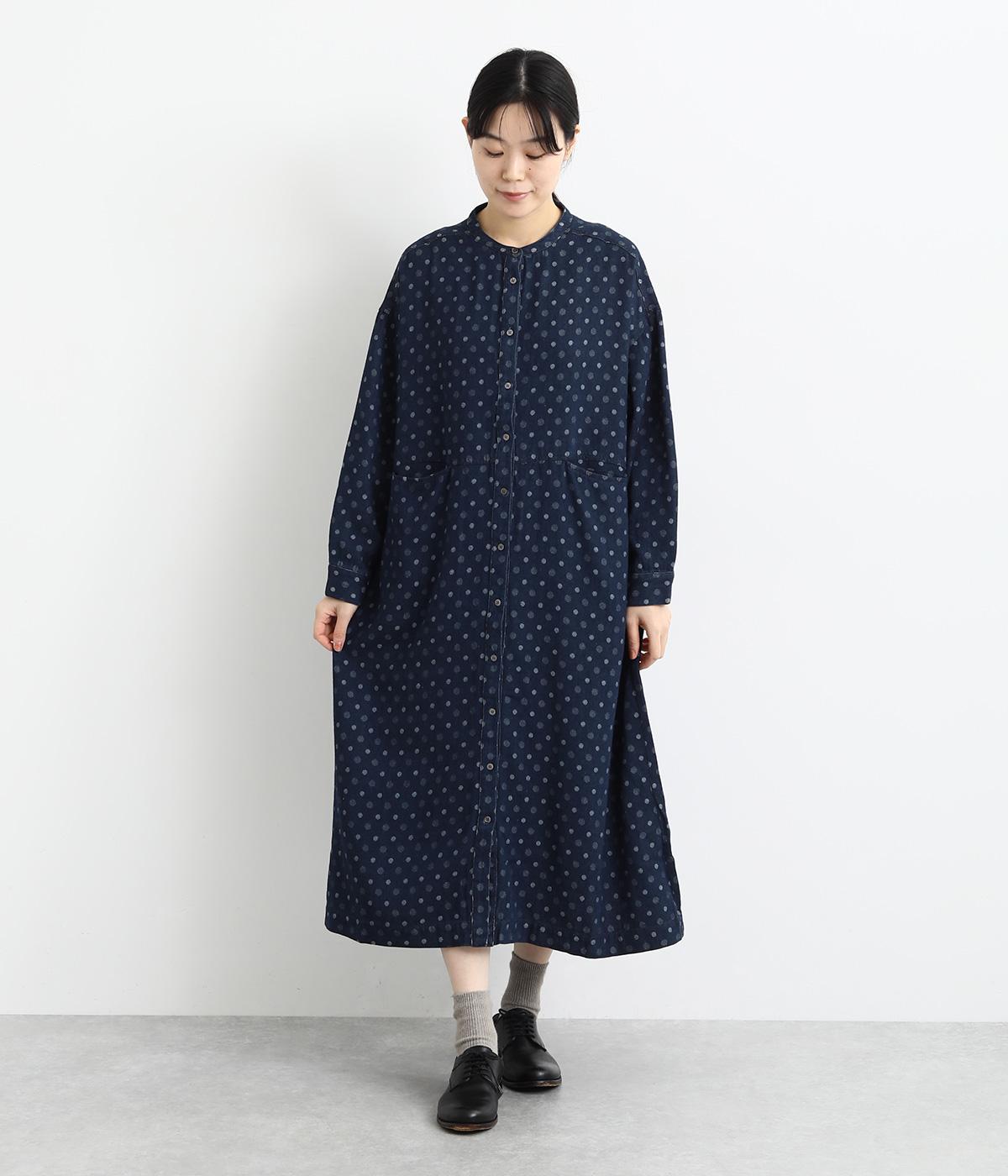 ドットジャカードデニムスラッシュポケットワンピース(インディゴ-F)