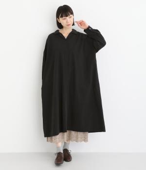 アンティーク調コットン　スキッパーワンピース(ブラック-F)