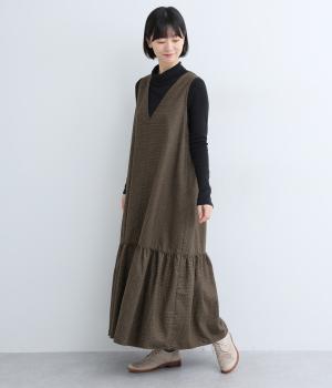 ウール混チドリ　裾ギャザーフレアジャンパースカート(ブラウン-F)