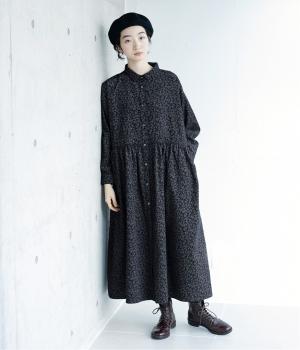 別注｜花柄コーデュロイ　ちび襟ワンピース(ネイビー-F)