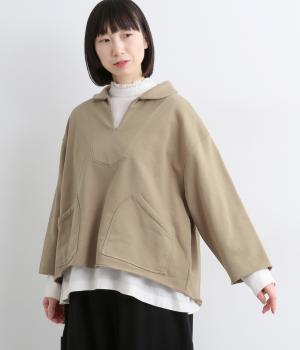 裏毛丸襟ワイドプルオーバー(ベージュ-F)