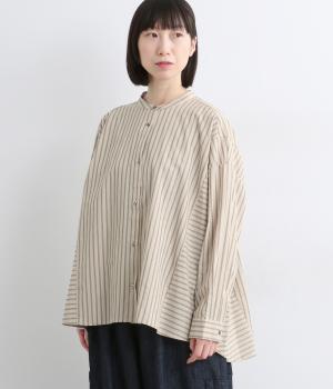 コットンリネンストライプ柄切替ブラウス(ベージュ-F)