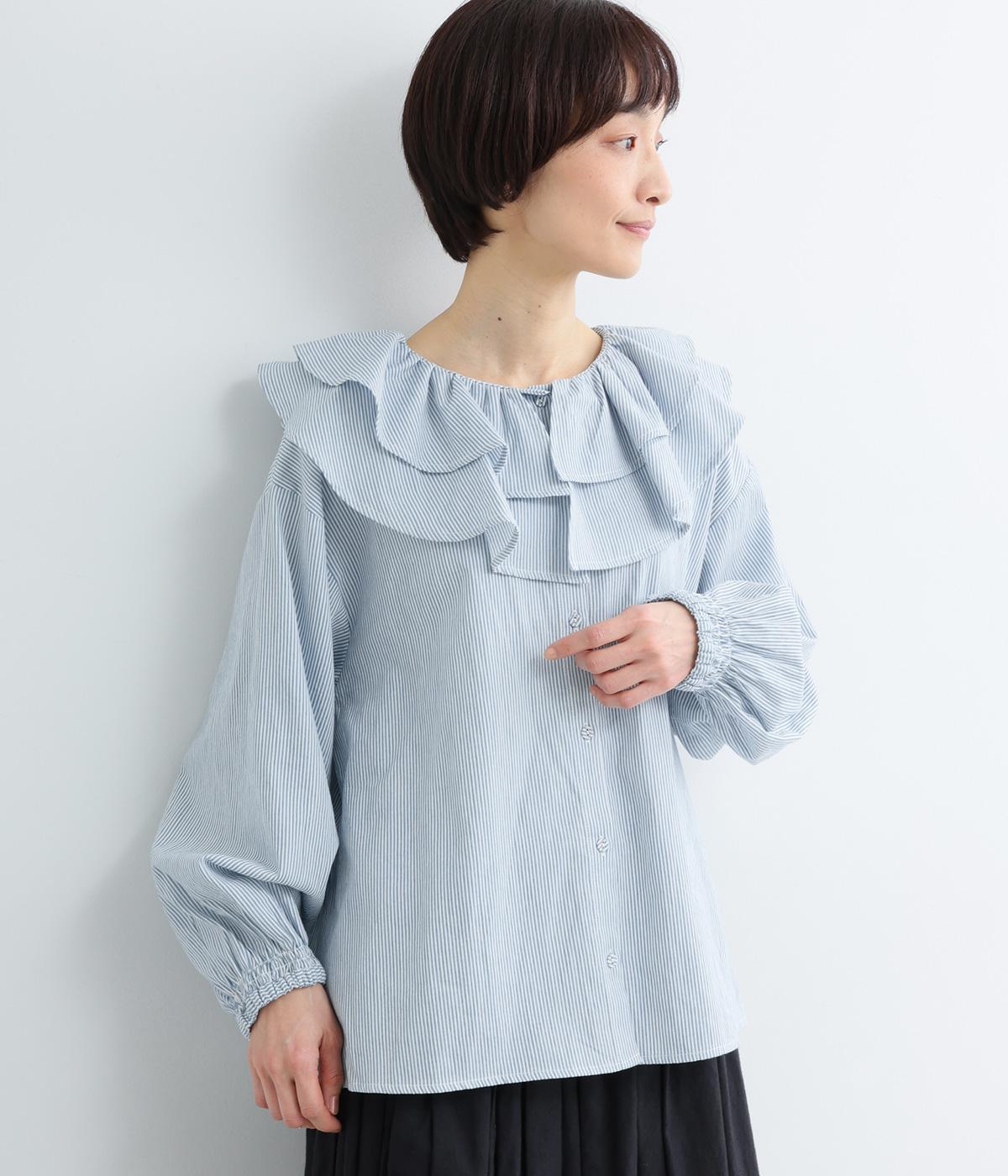 甘撚ヒッコリーラッフルカラーブラウス(ライトブルー-F)