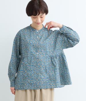 フラワープリントサイドフレアブラウス(ブルー-F)