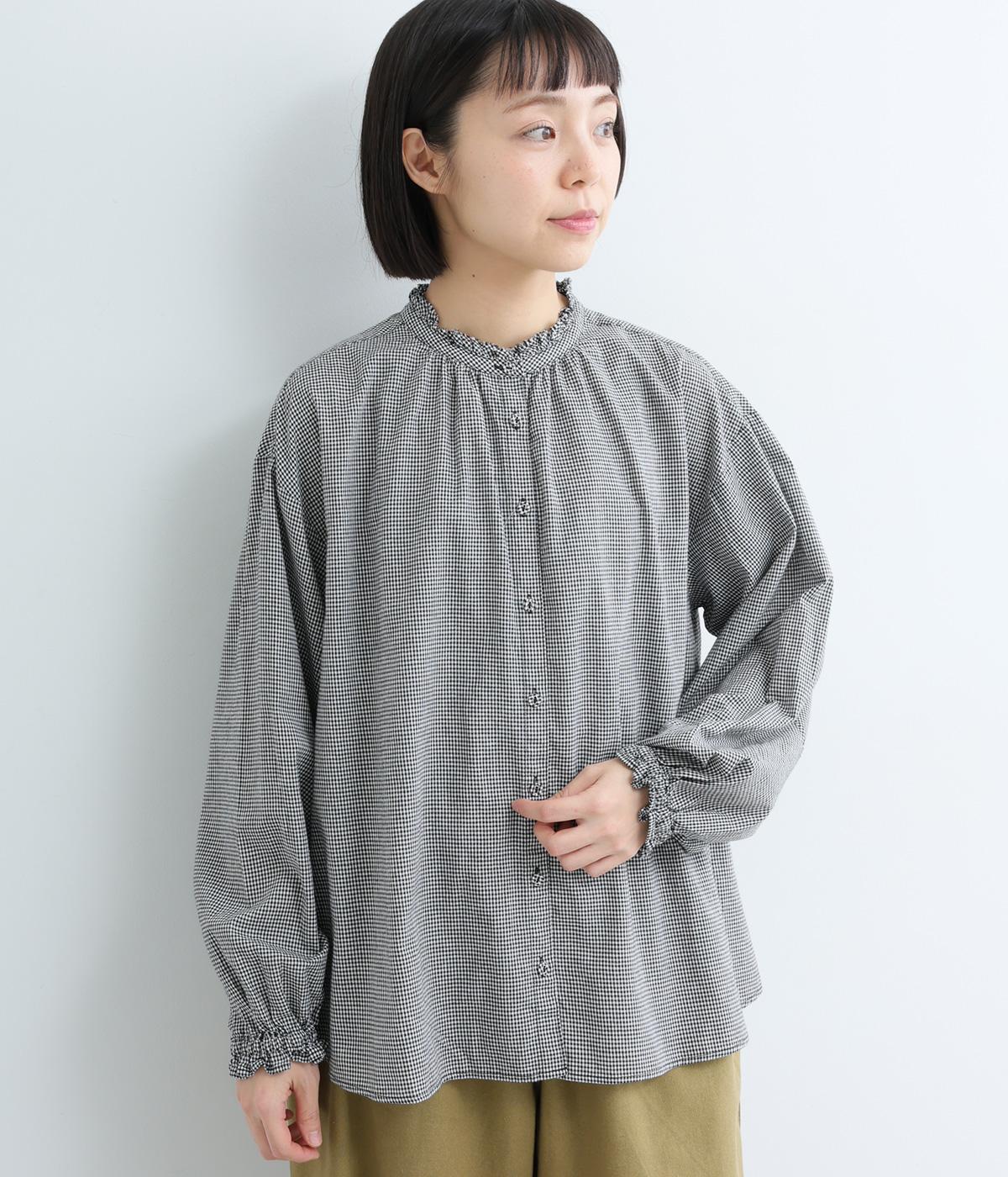 ギンガムチェックネックギャザーブラウス(ブラック-F)