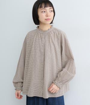 ギンガムチェックネックギャザーブラウス(ブラウン-F)