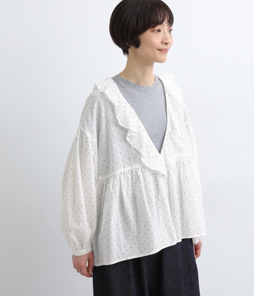 コットンピンドットプリント フレアブラウス