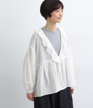 コットンピンドットプリント フレアブラウス