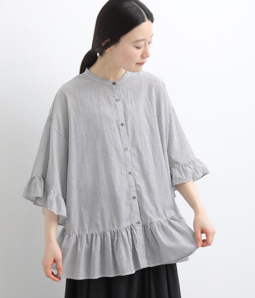 コットンシアーストライプ　フリルブラウス