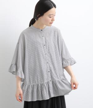 コットンシアーストライプ　フリルブラウス
