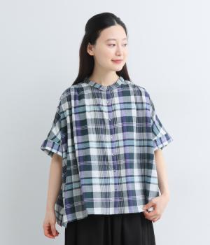 コットンマドラスチェック　ちび襟ワイドシャツ(パープル-F)